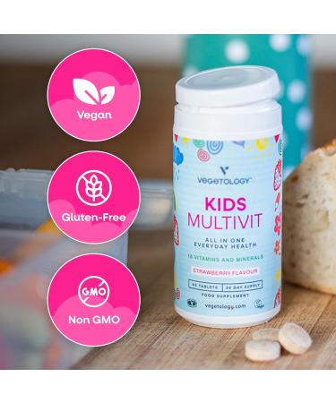 VEGETOLOGY Kids MultiVitamin Supplement, Vegan Chewable Multivitamin for Immune Support, Energy, & Growth, 18 Essential Vitamins & Minerals, Ages 4+ - 60 Tablets, Strawberry - Buy Online on GoSupps.com