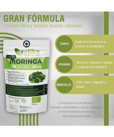 Moringa Oleifera Elikafoods ORGANIC. 240 tablets 500 mg. Natural superfood: vitamins proteins minerals antioxidants. Natural energizer. Vegan gluten free and additives. - Buy Online on GoSupps.com