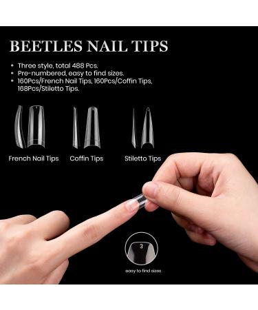 Beetles 3 Styles Acrylic Nail Tips - 488 Pcs Clear False Nails for Acrylic/Dip Powder/Poly Gel Extension - DIY Nail Art Kit - Buy Online on GoSupps.com