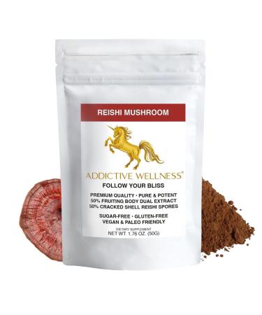 Addictive Wellness Reishi Mushroom Extract Powder + Spores (50/50 Blend) Wood Grown Pure & Potent Wildcrafted Ganoderma 50g (1.76 oz) 1.76 Ounce (Pack of 1)