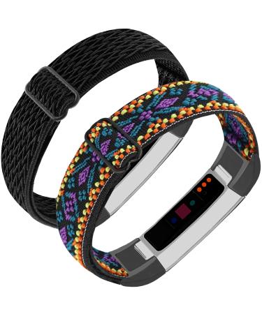 Adjustable Elastic Nylon Bands Compatible with Fitbit Alta and Alta HR Fitness Tracker, 2 Pack Braided Stretchy Wristband Accessory Bracelet Watch Strap Sport Replacement Band for Women Men Ethnic Style / Wavy Black