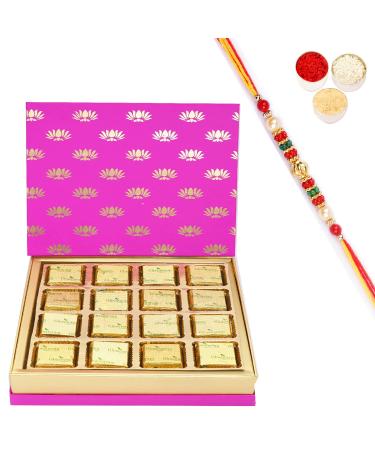 Ghasitaram Gifts Rakhi Gifts for Brothers Festive Pink Box of Mixed Nuts Chocolate with Pearl Beads Rakhi Box of Mixed Nuts Chocolate with Rakhi