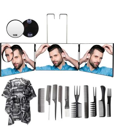 Feisate 3 Way Mirror for Hair Cutting  Barber Mirror Self Cut  Self Haircut Mirror to See Back of Head  360 Mirror for Haircuts for Men  Self Hair Cutting Mirror 3 Way  Height Adjustable - (NO LED) Black BLACK - No LED