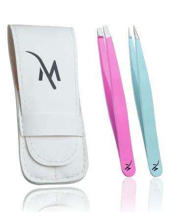 Tweezers Set 2 Pcs Professional Stainless Steel Precision Tweezer for Eyebrows Plucking Ingrown Hair and Facial Hair Remover for Women and Men (Multi Color) 2 Piece