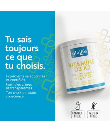 Vitamine D3 K2 MK7 + C Pi Life 200 comprim s | 2000 UI Vitamine D 200 g K2 125 mg Vit C | Immunit nergie & Soutien des Os et Dents | Boost Energie 200 unit (Lot de 1) - Buy Online on GoSupps.com