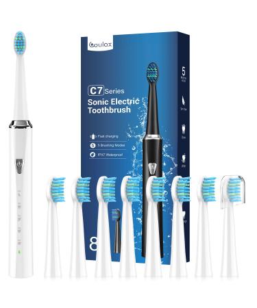 Sonic Electric Toothbrush for Adults and Kids - Rechargeable Sonic Toothbrush with 8 Brush Heads 120 Days of Use with 3-Hour Fast Charge 5 Modes with 2 Minutes Timer Gift for Family 1 count (Pack of 1) White