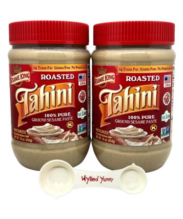 (2) Two 16 ounce Jars of Sesame King Roasted Tahini 100% Pure Ground Sesame Paste with (1) One WYKED YUMMY 4-in-1 Plastic Measuring Spoon Bundle