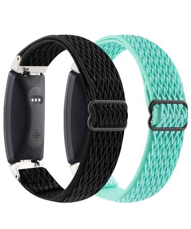 ?2Pack? Elastic Watch Band Compatible with Fitbit Inspire 2/ Inspire/Inspire HR,Woven Soft Nylon Sport Breathable Wristband Replacement Women Men for Fitbit Inspire (Ocean Green-Black)
