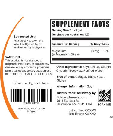 BulkSupplements Magnesium Citrate Softgels - 40mg Magnesium Supplement 120ct - Buy Online on GoSupps.com