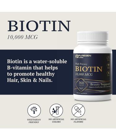 Puregen Labs Biotin 10 000 MCG Supports Healthy Hair Skin & Nails - High Potency Beauty Support - Non-GMO Gluten Free | 360 Vegetarian Tablets - Buy Online on GoSupps.com