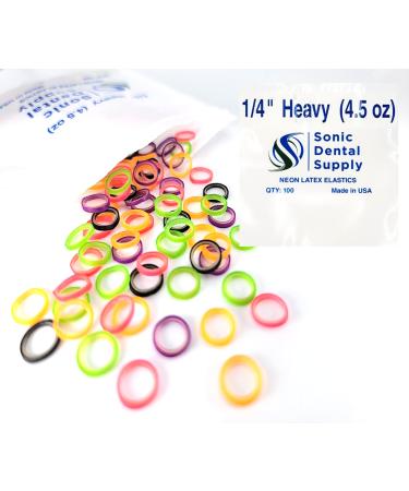 1/4 Inch Orthodontic Elastic Rubber Bands - 100 Bands - Neon Latex Heavy 4.5 Ounce Small Rubberbands Braces Dreadlocks Hair Braids Tooth Gap Packaging Crafts - Sonic Dental - Made in USA