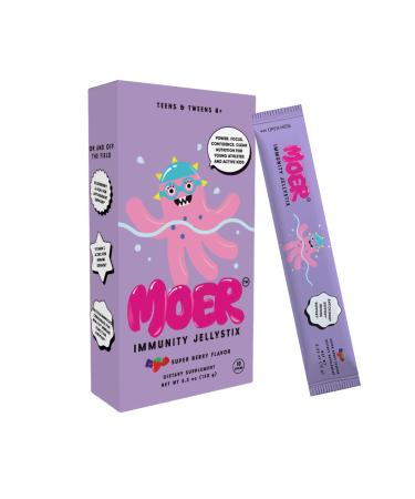 MOER Immunity JellyStix Kids 8+ Elderberry + Acai Antioxidant Support VIT C + Zinc Immune Support Saccharomyces Cerevisiae Healthy Immune Function No Caffeine Gluten-Free Mixed Berry Flavor 10 Sticks
