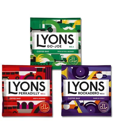Lyons Ground Coffee Sachets Pick N Mix | Choose From 2 from 3 Flavours | Rich Full-Bodied Dark Roast | Rockadero No 5 Perkadilly No 4 & Go Joe No 3 - Pack of 100 (50 of Each) 70 g (Pack of 100)