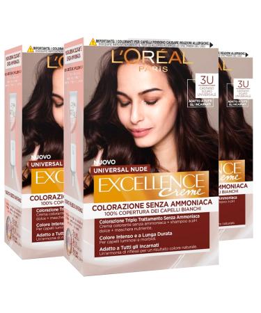 3 x L'Or al Paris Excellence cream universal nude permanent hair color dark brown 3U triple treatment-3 colors 3 x dark brown 3U