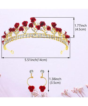 Red Rose Bridal Wedding Queen Crown Set - Gold Baroque Princess Tiara with Pearls, Crystals, and Rose Pendant - Ideal for Women and Girls - Buy Online on GoSupps.com