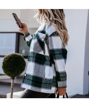 Routinfly Women's Casual Plaid Button Down Wool Blend Shacket Jacket - Spring Autumn Lapel Coat in Green XL | International Shipping Available - Buy Online on GoSupps.com