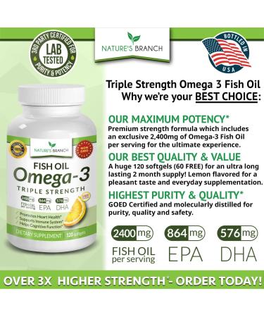 Triple Strength Omega 3 Fish Oil 2400mg Burpless Lemon Flavor - High Potency 864mg EPA 576mg DHA - Brain, Joints, Eyes, Heart Health - 120 Capsules - Buy Online on GoSupps.com
