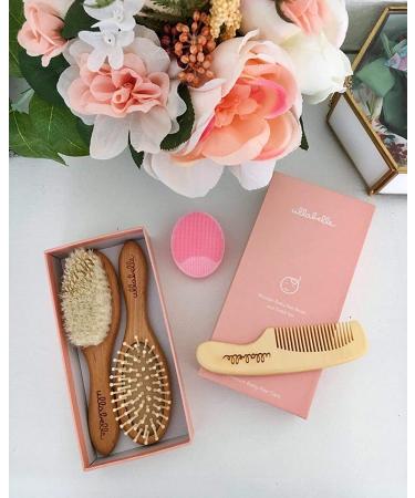 Ullabelle 4 Piece Wooden Baby Hair Brush and Comb Set - Soft Goat Hair - Prevents Cradle Cap - Pink - Registry Gift - Buy Online on GoSupps.com