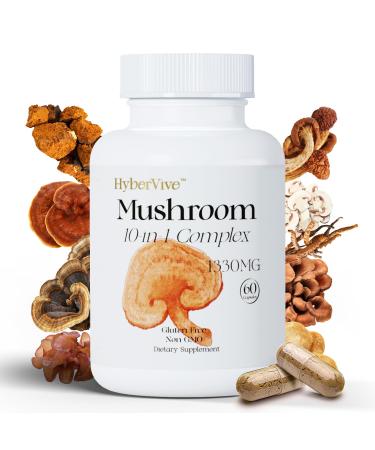 HyberVive Mushrooms with Cordyceps Lion's Mane Shiitake Mushroom Complex for Energy Immune Health Brain Support & Overall Wellness | Non-GMO Gluten-Free 1300mg Per Serving 60 Capsules