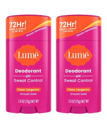 Lume Deodorant Plus Sweat Control - Smooth Solid Stick - Maximum Strength Antiperspirant - 72 Hour Odor And Sweat Control - Baking Soda Free Skin Loving - 2.6 ounce (Clean Tangerine) Pack of 2