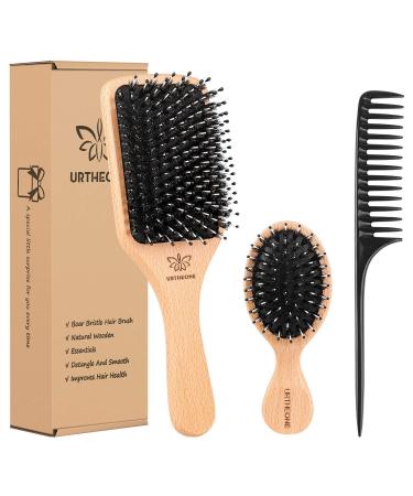 Boar Bristle Hair Brush and Comb Set for Women Men Kids  Best Natural Wooden Paddle Hairbrush and Small Travel Styling Brush for Wet or Dry Hair Detangling Smoothing Massaging boar bristle hair brush(Upgraded Version)