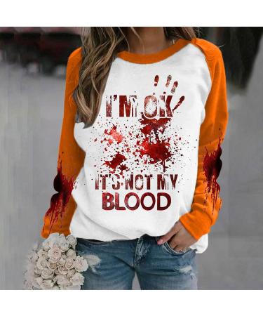 Yihaojia Halloween Long Sleeve Shirts for Women I'm Ok It's Not My Blood Sweatshirt Letter Print Crewneck Pullover Top Orange#195 Large - Buy Online on GoSupps.com
