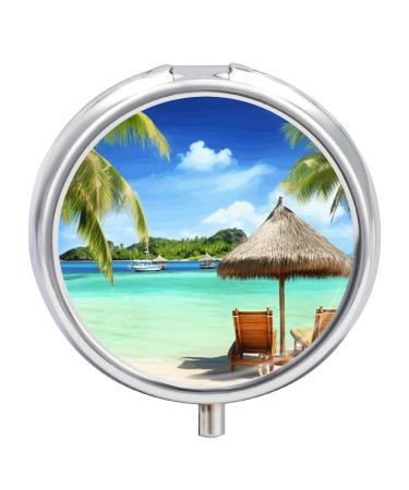 Round Pill Box Tropical Holidays Print 3 Compartment Medicine Pill Case Print Pill Organizer Decorative Metal Portable Pill Box Pocket Pill Box Style-32