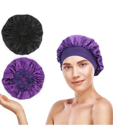 BiSiViO 2 Pack Satin Sleeping Bonnet Silk Hair Curly Bonnet Adjustable Sleep Cap Night Head Scarf Protect for Women and Men (Black+Purple)