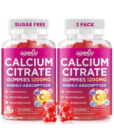 GGMMUU 2 Pack Calcium Citrate Gummies 1200mg High Absorption Calcium Supplements for Women & Men Sugar Free Calcium Gummies for B0ne Muscle & Immune Support Non-GMO Raspberry Flavor 120 Count