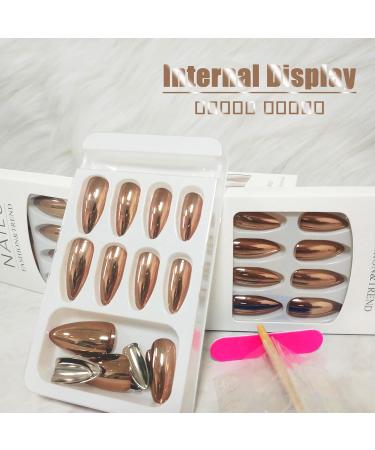 Bronze Chrome Press on Nails - Medium Almond & Stiletto | Bling Design Glossy Mirror Metal Acrylic - Perfect for Daily Party Wear | Stick on Nails for Women & Girls - Buy Online on GoSupps.com