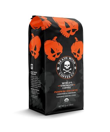 Death Wish Coffee Organic Pumpkin Spice 12 oz - Strongest Fair Trade Arabica & Robusta Blend with Chai & Infused Spices - Pumpkin Chai Flavored - Medium Roast Grounds - Buy Online on GoSupps.com