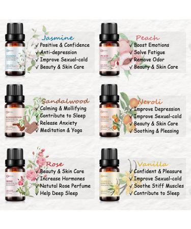 Essential Oil Set 6x10ML - 100% Pure Organic Aromatherapy Oils for Diffuser Massage & Spa - Rose Jasmine Sandalwood Vanilla Neroli Peach - Buy Online on GoSupps.com