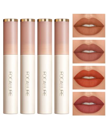 FOCALLURE 4Pcs Matte Lipstick Makeup Set Velvety Liquid Lipstick Waterproof Long Lasting Lip Gloss Kit Smooth Sillky Nude Lipstick for Girls and Women Set A