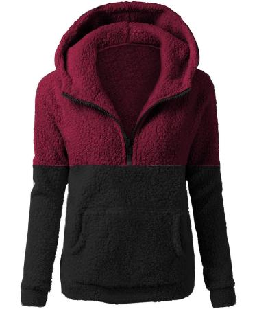 oelaio Sherpa Jackets for Women Winter Warm Fleece Lined Coat Patchwork Jacket Thermal Fuzzy Fleece Jacket Pocket Outwear Wine Large - Buy Online on GoSupps.com