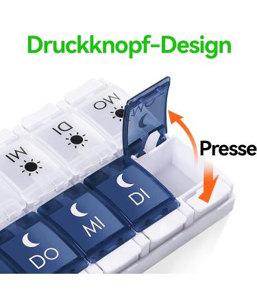 Mericargo 7-Day Tablet Box - Portable Pill Organizer with 2 Compartments for Vitamins & Supplements - Push Button Design - Blue & White - Buy Online on GoSupps.com