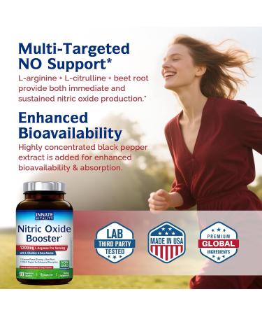 Innate Vitality Nitric Oxide Booster Supplement, L-Arginine, L-Citrulline, Beet Root, Beta-Alanine, Ginseng Root, Healthy Circulation, Energy & Endurance, 90 Vegan Capsules - Buy Online on GoSupps.com