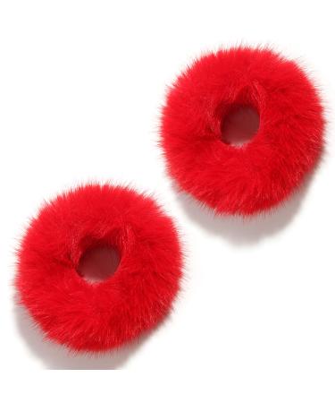 2 Pcs Women Furry Elastic Faux Rabbit Hair Scrunchies Fluffy Ponytail Holder Pompom Ball Hair Bands Ties For Girl Hair Accessories (Red)