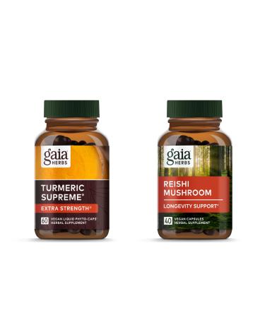 Gaia Herbs Turmeric Supreme Extra Strength - 60 Vegan Liquid Phyto-Capsules & Reishi Mushroom - Immune System & Supports Heart Health - 40 Vegan Liquid Phyto-Capsules (2 Pack)