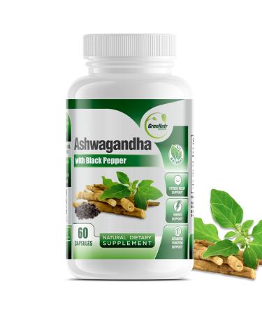 GreeNatr Organic Ashwagandha Capsules with Black Pepper for Enhanced Absorption - Mood Enhancer with Energy and Cognitive Function - 1300 mg Veggie Capsules (1 Bottle) 60 Count (Pack of 1)