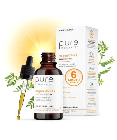 Pure Therapro Rx Vegan D3 + K2 Organic 100% Liposomal 20ml Made in USA | 6 Month Supply | Maximum Absorption Vitamin D3 and Vitamin K2 Supplements for Men and Women D3 Vitamin 5000 IU 0.68 Fl Oz (Pack of 1)