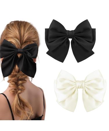generic Bow Hair Clip 2-Piece Set Solid Color Large Bowknot Hairpin French Automatic Hair Clip Retro Bowknot Hair Clip for Women's Simple Hair Buckle Accessories(Black And Beige)