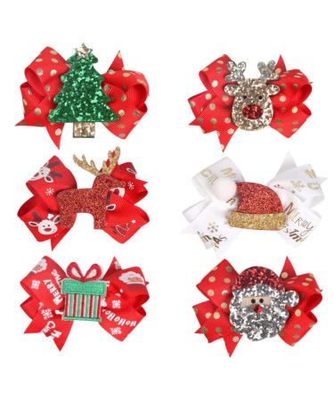 FRCOLOR 6Pcs Christmas Hair Clips Christmas Tree Hat Santa Elk Hair Bows Hairpins Barrette Christmas Gifts for Girls