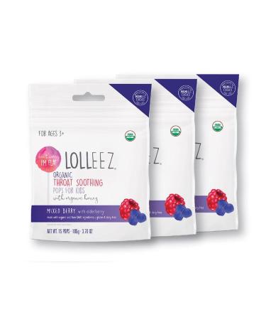 Lolleez Organic Throat Soothing Pops for Kids with Organic Honey, Cold and Flu Season Remedy, Mixed Berry Flavor (3 pk x 15 ct)