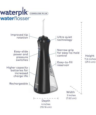 Waterpik Cordless Plus Water Flosser - Rechargeable Portable ADA Accepted | 4 Flossing Tips Ideal for Home & Travel - Satin Black WP-462 - Buy Online on GoSupps.com