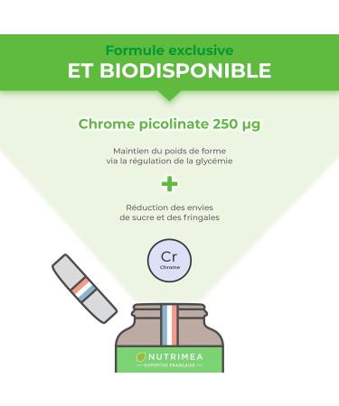 CHROME - 100% Pure Formula - 250 g of Chromium Picolinate - Maintaining Blood Sugar Level and Control of Appetite - 120 Vegan Capsules - Nutrimea - Made in France - Buy Online on GoSupps.com