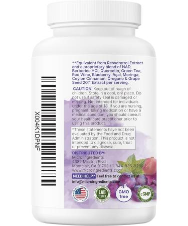 Micro Ingredients Resveratrol NAD Complex 3 000mg for Women & Men 240 Veggie Capsules | NMN Supplement Alternative | 11-in-1 Blend with NAD+ Quercetin Moringa Berberine Grape Seed & Oregano - Buy Online on GoSupps.com