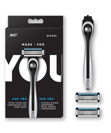 Made For YOU by BIC Shaving Razor Blades for Every Body - Mens Razors & Womens Razors, with 2 Cartridge Refills - 5-Blade Razors for a Smooth Close Shave, NICKEL, Kit Kit (1 Handle & 2 Refills) Handle - Nickel