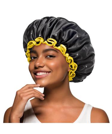 mikimini Black Shower Cap for Women Men & Girls 1 Pack Reusable Double Layers Waterproof Bathing Shower Hat with Soft Comfortable PEVA Lining non-fading Stretchy Shower Cap Medium (Pack of 1) Black+Yellow