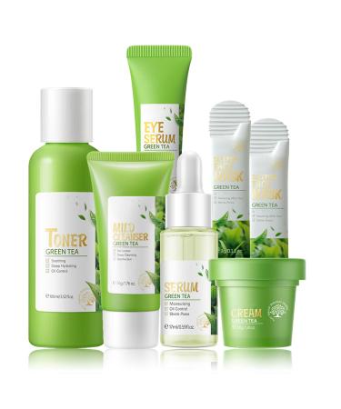 Skin Care Products Set Green Tea Skin Care Sets Women Gift Sets Skin Care Routine Kit with Toner Serum Face Cream Eye Cream Cleanser Sleep Mask Korean Beauty Products (SetD)