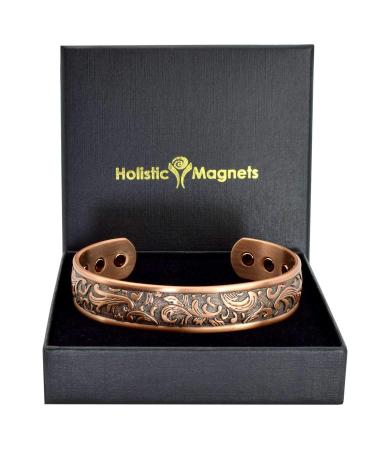 Ladies Pure Copper Magnetic Bracelet Women Copper Bangle Cuff Holistic Magnetic Band with 6 Strong Neodymium Magnets Adjustable Floral Pattern-PC (L: Wrist 19.5-22.5cm/7.6-8.75")